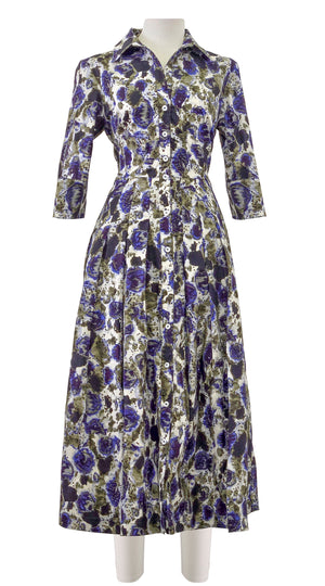 Audrey Dress #2 Shirt Collar 3/4 Sleeve Midi Length Poplin Stretch (Animal Dots)