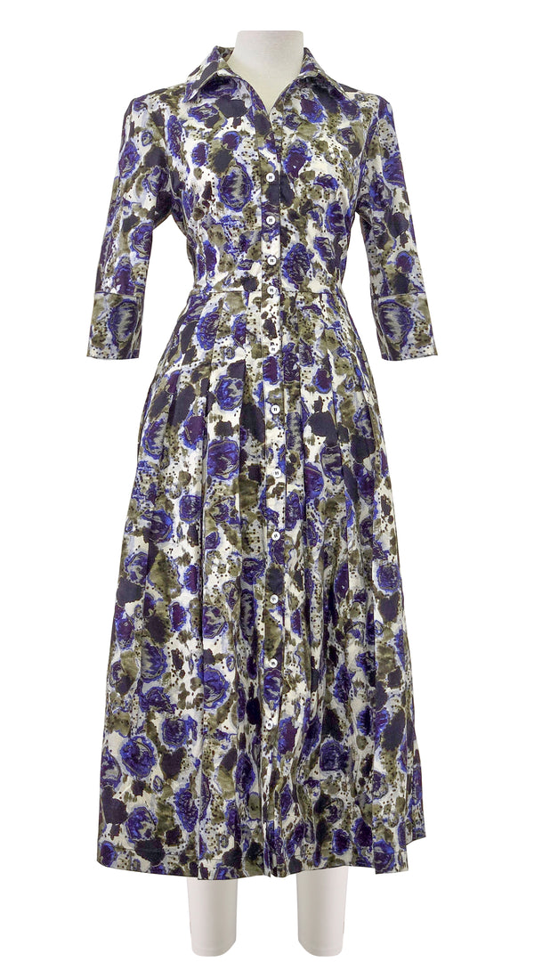 Audrey Dress #2 Shirt Collar 3/4 Sleeve Midi Length Poplin Stretch (Animal Dots)
