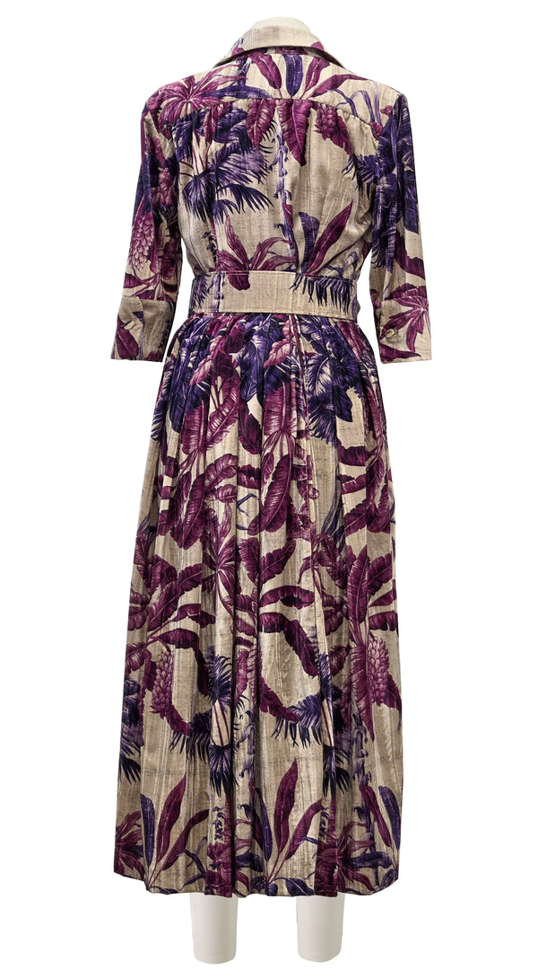 Audrey Dress #4 Shirt Collar 3/4 Sleeve Midi Length Silk Velvet (Vintage Palm Beige)