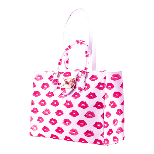 Audrey Tote_Medium_Watercolor Lips_White Pink