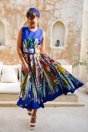 Abelia Dress Crew Neck Sleeveless Midi Length Cotton Stretch (African Feather)