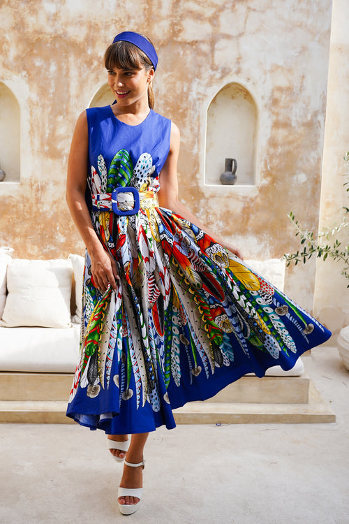 Abelia Dress Crew Neck Sleeveless Midi Length Cotton Stretch (African Feather)