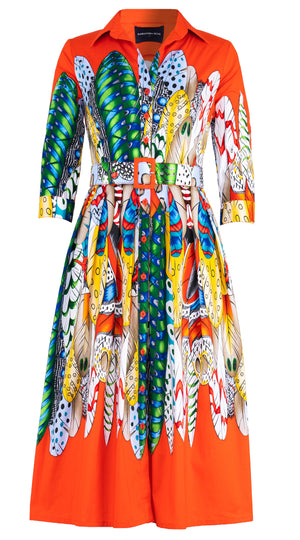 Audrey Dress #1 Shirt Collar 3/4 Sleeve Midi Length Cotton Stretch (African Feather)