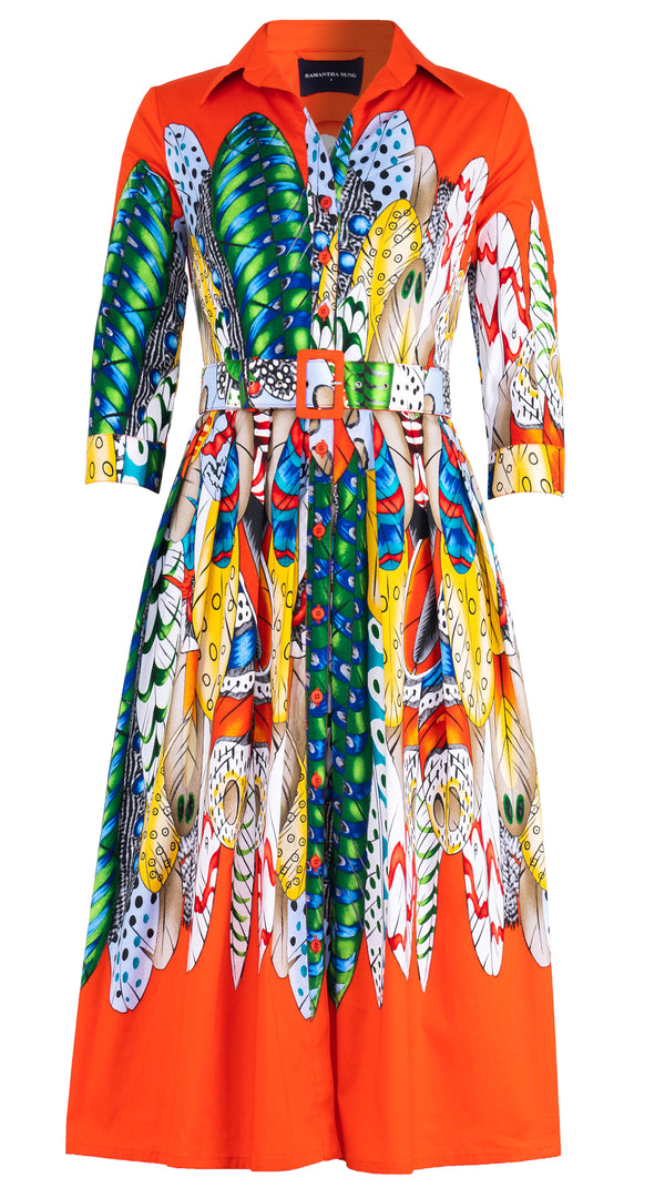 Audrey Dress #1 Shirt Collar 3/4 Sleeve Midi Length Cotton Stretch (African Feather)