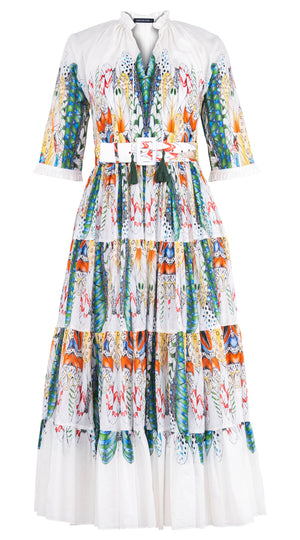 Eva Dress Crew Neck 3/4 Sleeve Maxi Length Cotton Musola (African Feather)