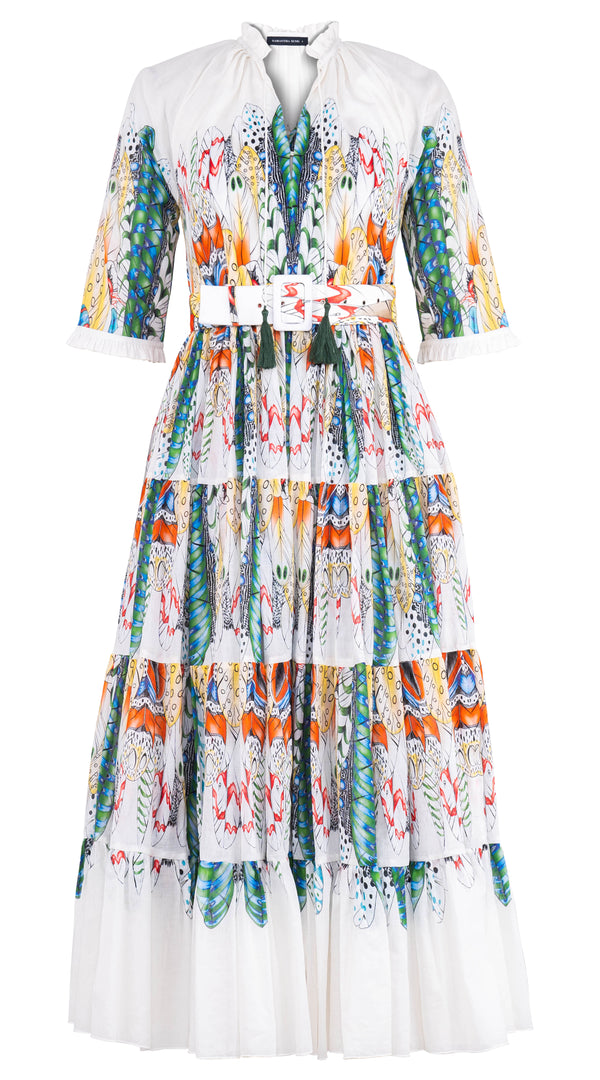 Eva Dress Crew Neck 3/4 Sleeve Maxi Length Cotton Musola (African Feather)
