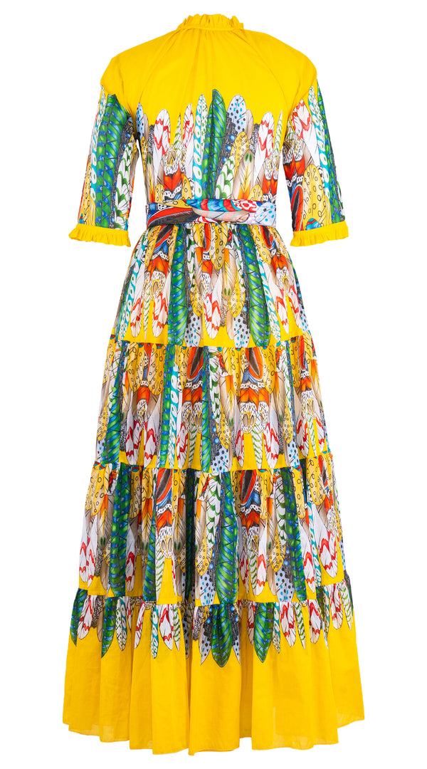 Eva Dress Crew Neck 3/4 Sleeve Maxi Length Cotton Musola (African Feather)