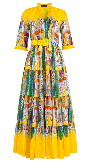 Eva Dress Crew Neck 3/4 Sleeve Maxi Length Cotton Musola (African Feather)