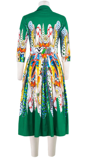 Audrey Dress #2 Shirt Collar 3/4 Sleeve Midi Length Cotton Stretch (African Feather)