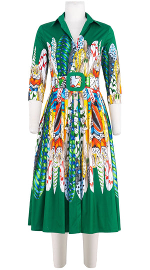 Audrey Dress #2 Shirt Collar 3/4 Sleeve Midi Length Cotton Stretch (African Feather)