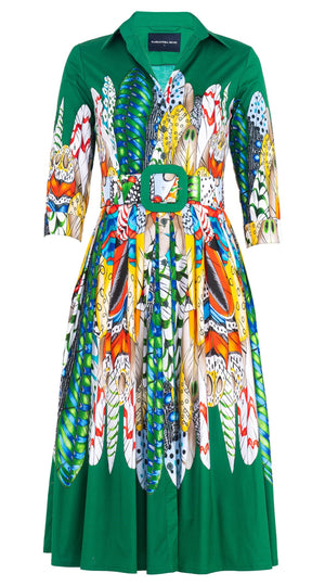 Audrey Dress #2 Shirt Collar 3/4 Sleeve Midi Length Cotton Stretch (African Feather)