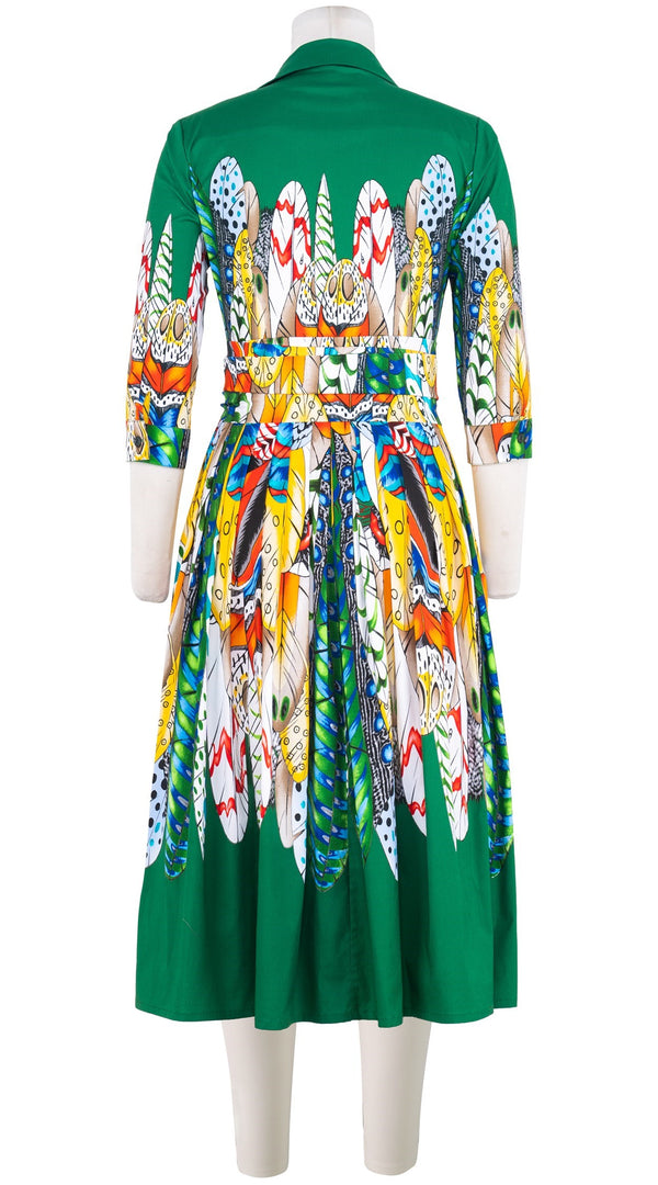 Audrey Dress #2 Shirt Collar 3/4 Sleeve Midi Length Cotton Stretch (African Feather)