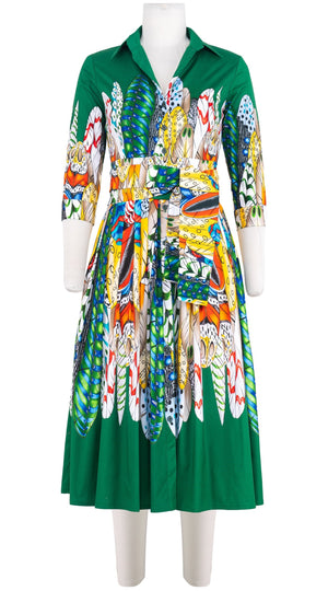 Audrey Dress #2 Shirt Collar 3/4 Sleeve Midi Length Cotton Stretch (African Feather)