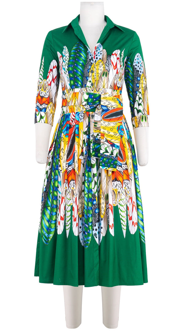 Audrey Dress #2 Shirt Collar 3/4 Sleeve Midi Length Cotton Stretch (African Feather)