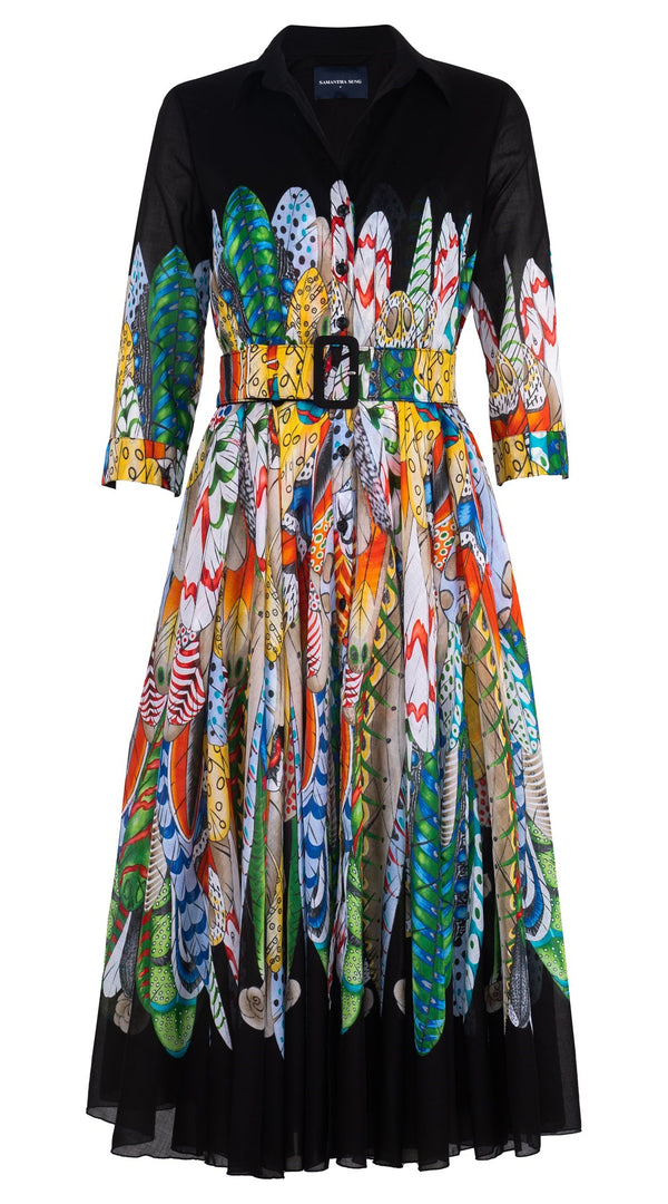 Aster Dress Shirt Collar 3/4 Sleeve Midi Length Cotton Musola (African Feather)