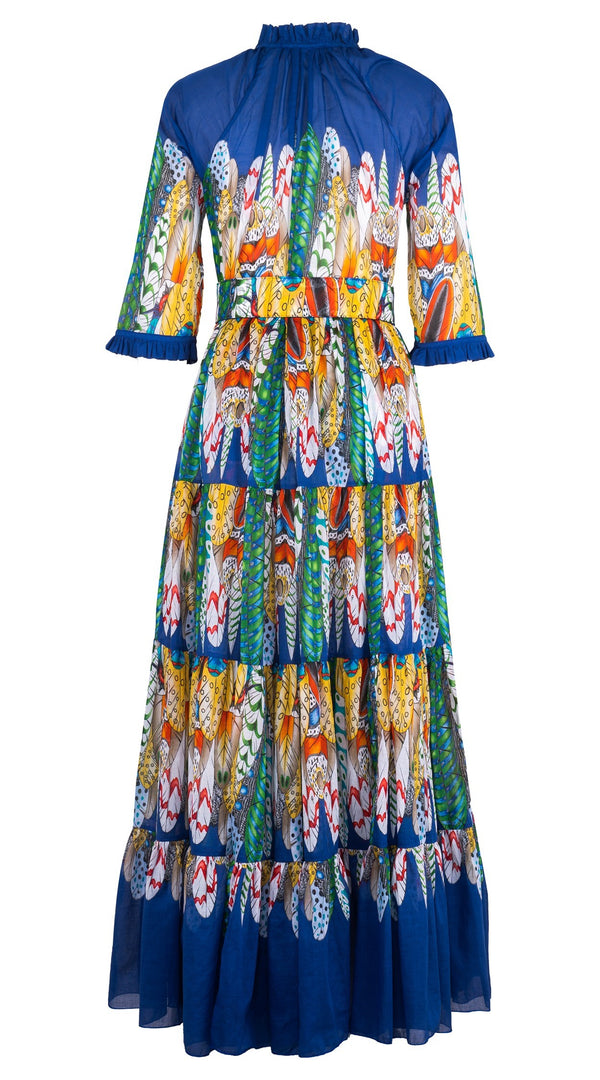 Eva Dress Crew Neck 3/4 Sleeve Maxi Length Cotton Musola (African Feather)