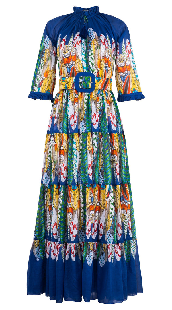 Eva Dress Crew Neck 3/4 Sleeve Maxi Length Cotton Musola (African Feather)