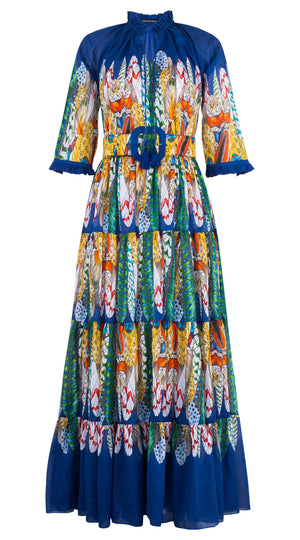 Eva Dress Crew Neck 3/4 Sleeve Maxi Length Cotton Musola (African Feather)