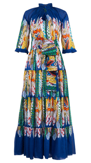 Eva Dress Crew Neck 3/4 Sleeve Maxi Length Cotton Musola (African Feather)