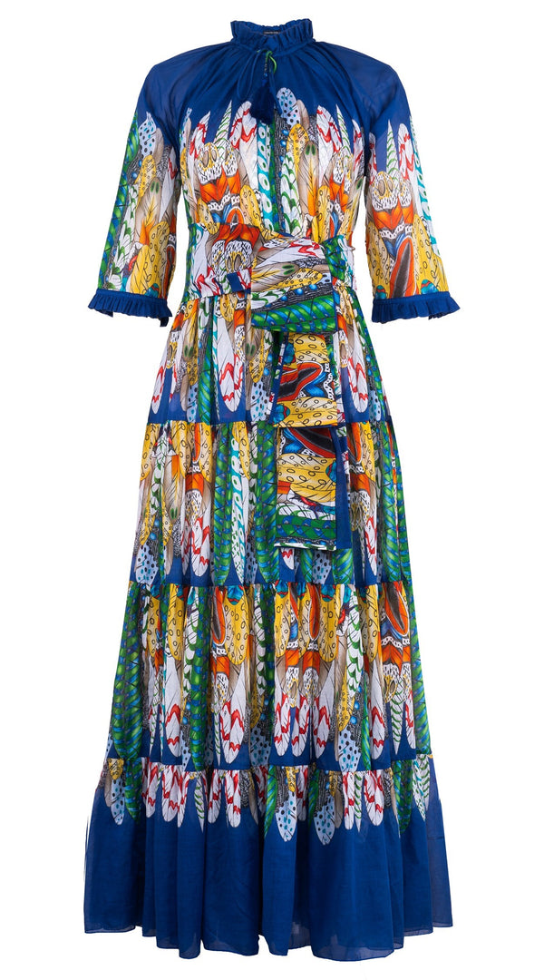 Eva Dress Crew Neck 3/4 Sleeve Maxi Length Cotton Musola (African Feather)