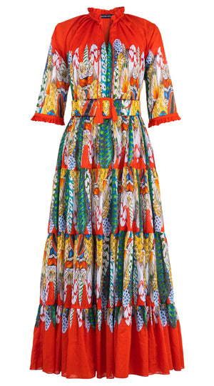 Eva Dress Crew Neck 3/4 Sleeve Maxi Length Cotton Musola (African Feather)