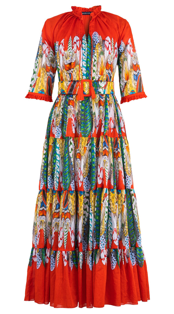 Eva Dress Crew Neck 3/4 Sleeve Maxi Length Cotton Musola (African Feather)