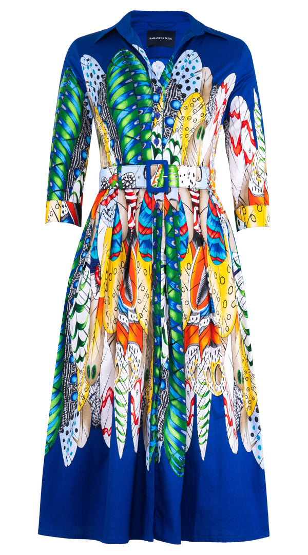 Audrey Dress #1 Shirt Collar 3/4 Sleeve Midi Length Cotton Stretch (African Feather)