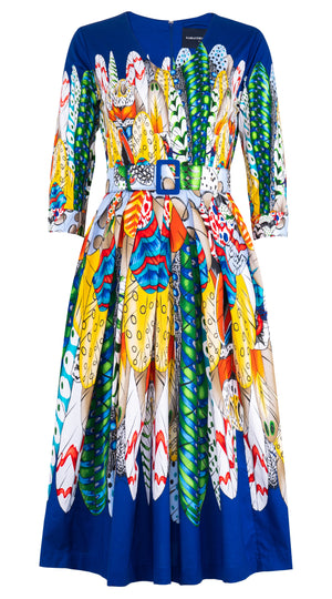 Lana Dress V Neck 3/4 Sleeve Midi Length Cotton Stretch (African Feather)