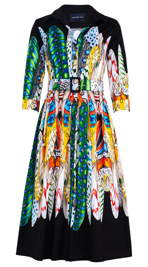 Audrey Dress #1 Shirt Collar 3/4 Sleeve Midi Length Cotton Stretch (African Feather)
