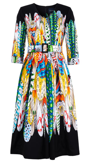 Lana Dress V Neck 3/4 Sleeve Midi Length Cotton Stretch (African Feather)