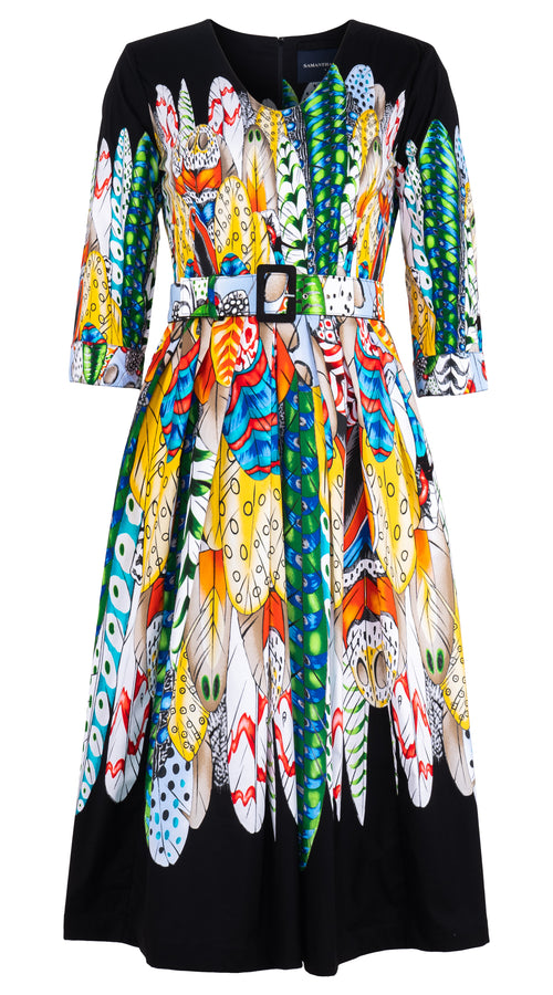 Lana Dress V Neck 3/4 Sleeve Midi Length Cotton Stretch (African Feather)