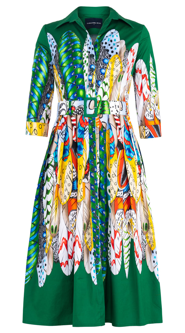 Audrey Dress #1 Shirt Collar 3/4 Sleeve Midi Length Cotton Stretch (African Feather)