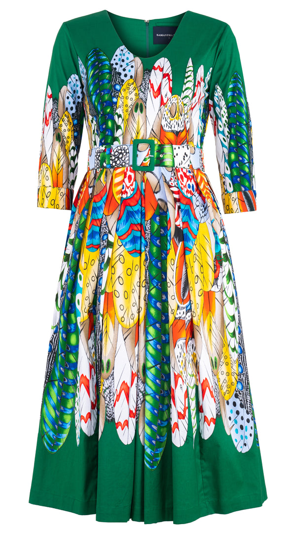 Lana Dress V Neck 3/4 Sleeve Midi Length Cotton Stretch (African Feather)