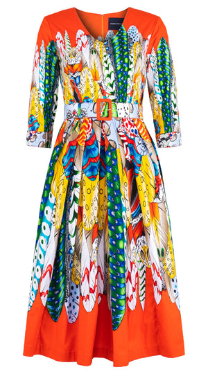 Lana Dress V Neck 3/4 Sleeve Midi Length Cotton Stretch (African Feather)