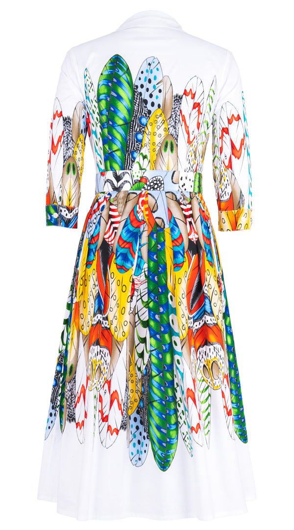 Audrey Dress #1 Shirt Collar 3/4 Sleeve Midi Length Cotton Stretch (African Feather)