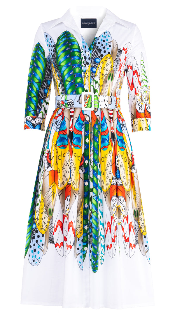 Audrey Dress #1 Shirt Collar 3/4 Sleeve Midi Length Cotton Stretch (African Feather)