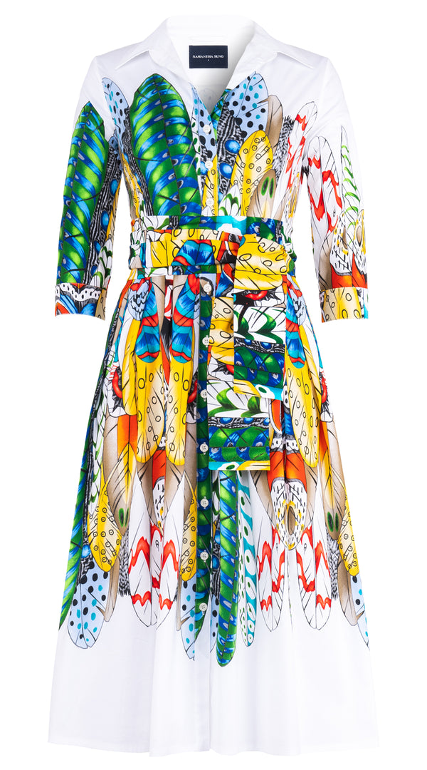 Audrey Dress #1 Shirt Collar 3/4 Sleeve Midi Length Cotton Stretch (African Feather)