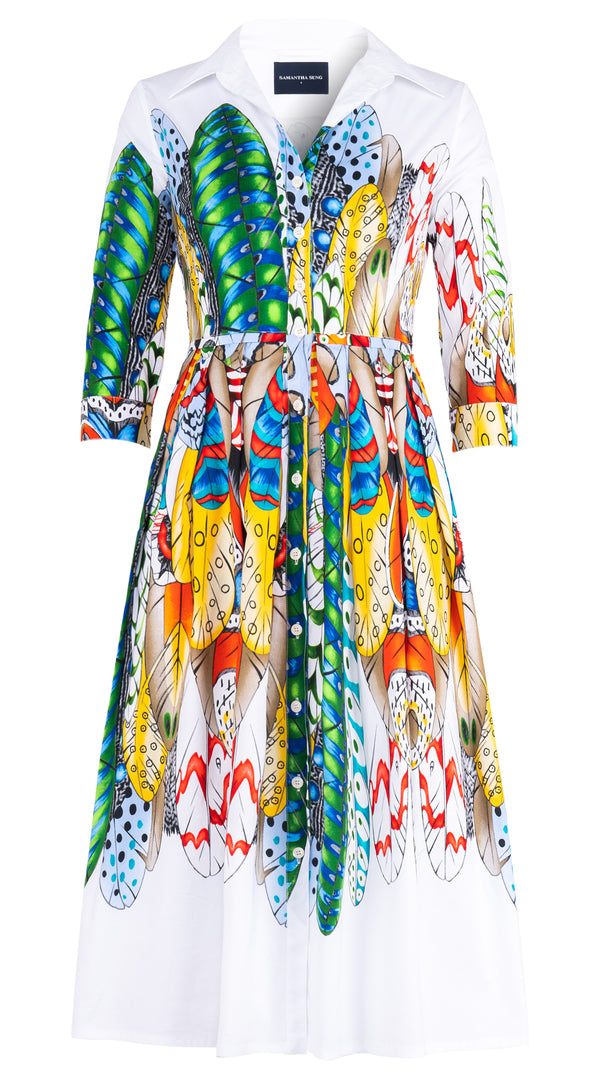 Audrey Dress #1 Shirt Collar 3/4 Sleeve Midi Length Cotton Stretch (African Feather)