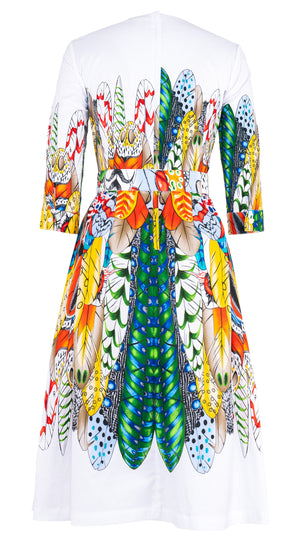 Lana Dress V Neck 3/4 Sleeve Midi Length Cotton Stretch (African Feather)