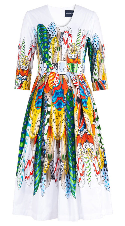 Lana Dress V Neck 3/4 Sleeve Midi Length Cotton Stretch (African Feather) @S-L