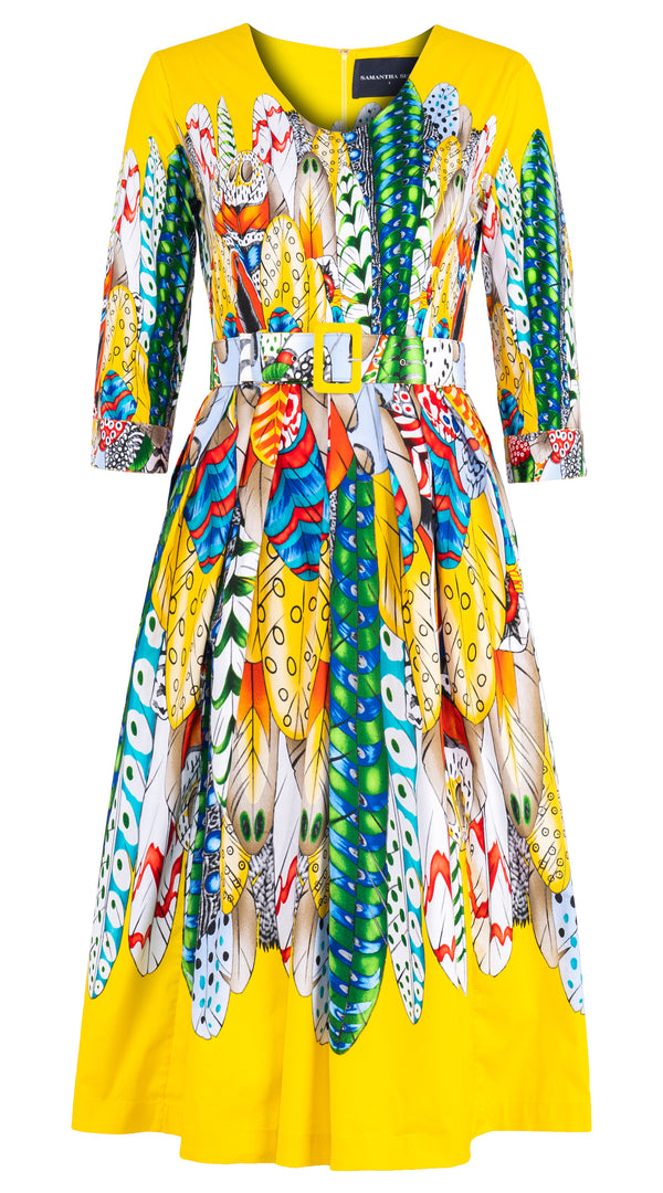 Lana Dress V Neck 3/4 Sleeve Midi Length Cotton Stretch (African Feather)