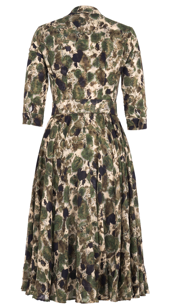Aster Dress Shirt Collar 3/4 Sleeve Midi Length Wool Musola (Animal Dots)