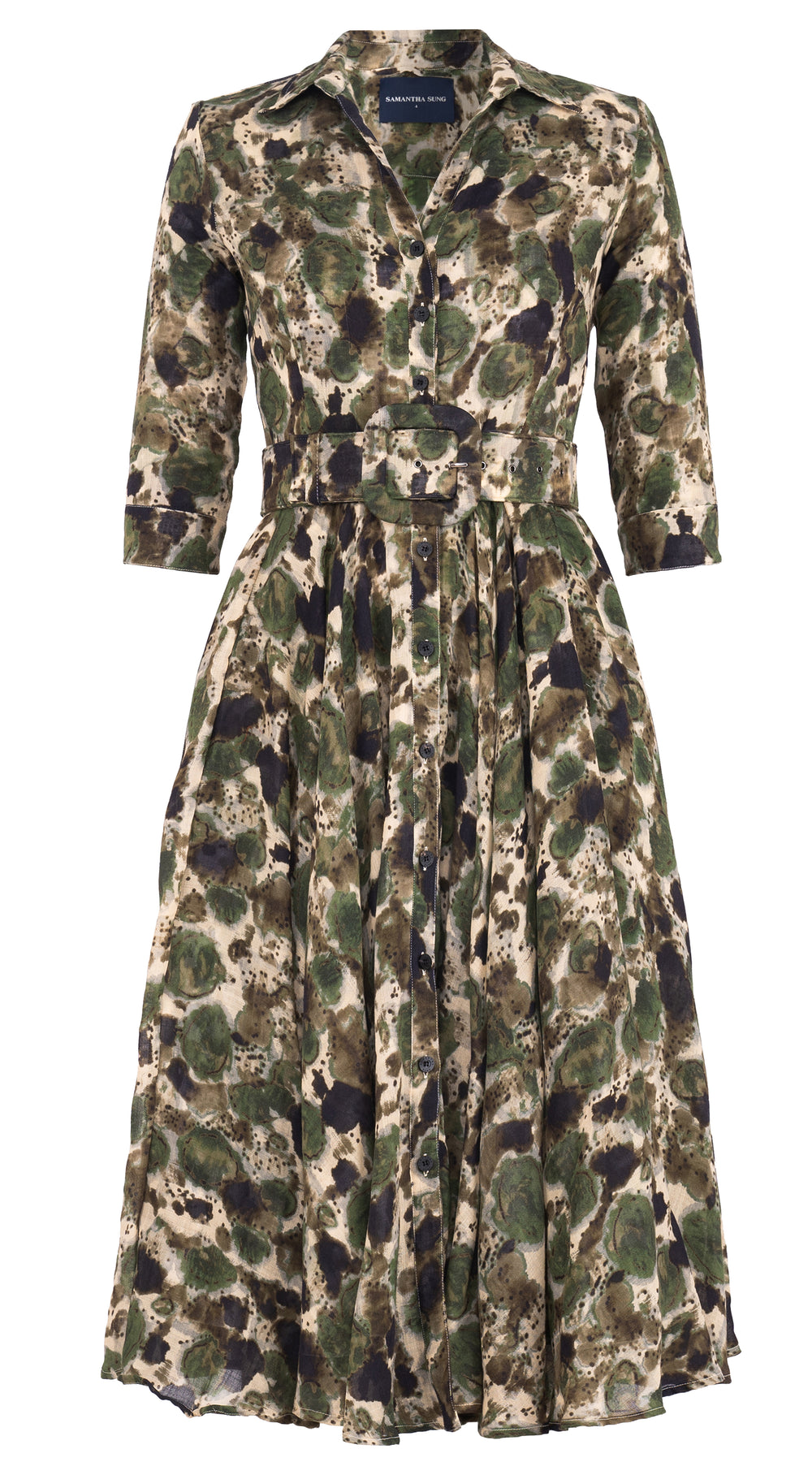 Aster Dress Shirt Collar 3/4 Sleeve Midi Length Wool Musola (Animal Dots)