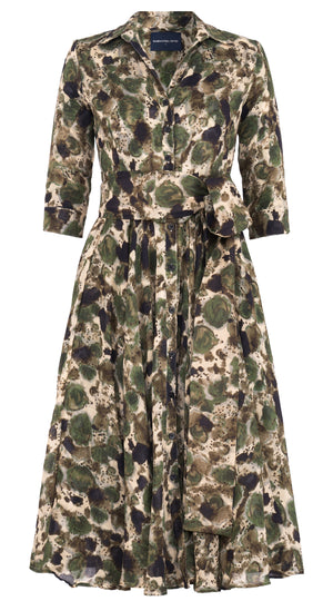 Aster Dress Shirt Collar 3/4 Sleeve Midi Length Wool Musola (Animal Dots)
