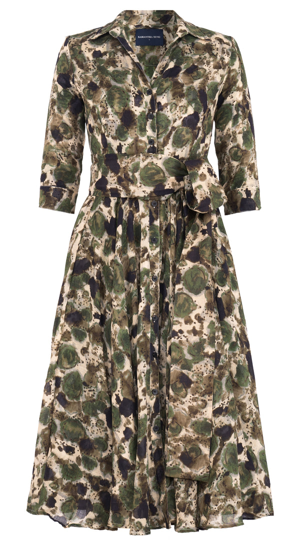 Aster Dress Shirt Collar 3/4 Sleeve Midi Length Wool Musola (Animal Dots)