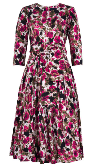 Florance Dress #2 Crew Neck 3/4 Sleeve Midi Length Cotton Stretch (Animal Dots)