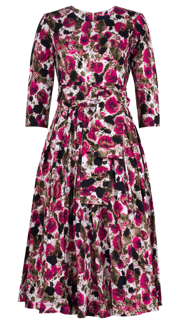 Florance Dress #2 Crew Neck 3/4 Sleeve Midi Length Cotton Stretch (Animal Dots)