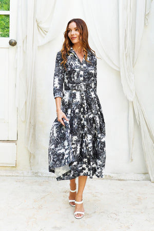 Audrey Dress #2 Shirt Collar 3/4 Sleeve Midi Length Cotton Stretch (Antilles Toile Pastel)