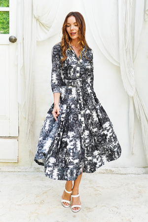 Audrey Dress #2 Shirt Collar 3/4 Sleeve Midi Length Cotton Stretch (Antilles Toile Pastel)