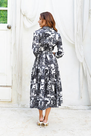 Audrey Dress #2 Shirt Collar 3/4 Sleeve Midi Length Cotton Stretch (Antilles Toile Pastel)